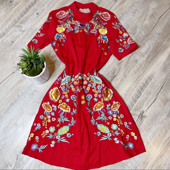 ASOS Dresses & Skirts - ASOS Red Short Sleeve Vintage Floral Embroidered Dress